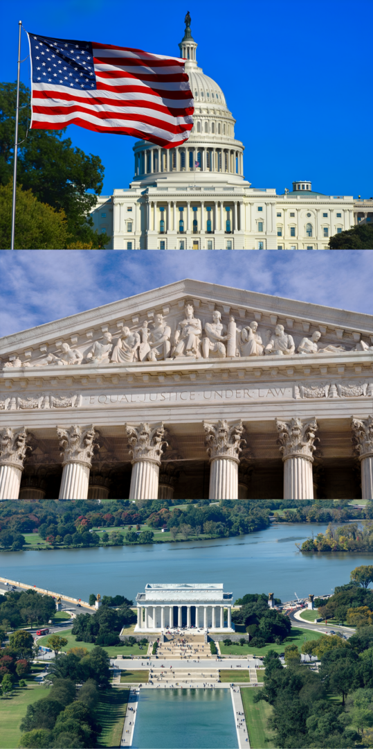 US Capitol, Supreme Court, Lincoln Memorial collage.